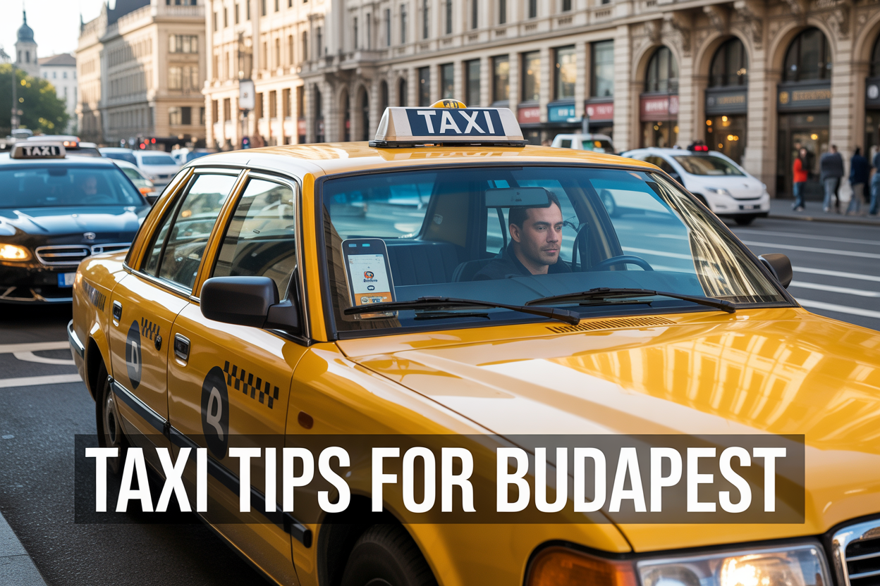 realistic image of a yellow Budapest taxi cab parked on a bustling city street with iconic Hungarian architecture in the background, a smartphone displaying a taxi app on the dashboard, warm daytime lighting casting a golden glow on the scene, with the on-image text "Taxi Tips for Budapest" displayed in bold white letters with a subtle dark overlay at the bottom of the image.