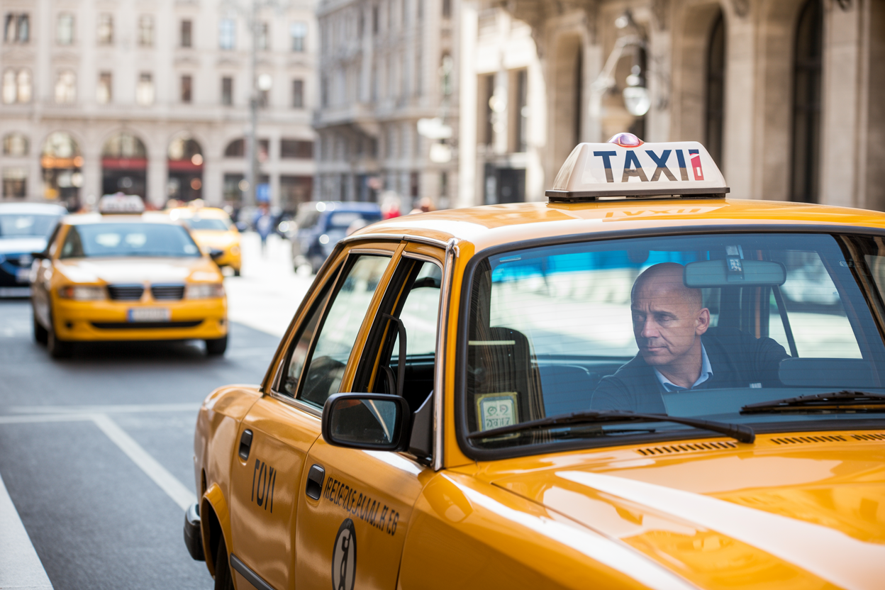 realistic image of a yellow Budapest taxi cab parked on a city street with iconic Hungarian architecture in the background, with a white male passenger carefully inspecting the taxi's official license and meter displayed on the dashboard through the window, the scene set during daytime with bright natural lighting, conveying a sense of caution and informed decision-making, with a second unofficial-looking unmarked car visible in the blurred background for contrast, capturing the importance of choosing a legitimate taxi service. Absolutely NO text should be in the scene.