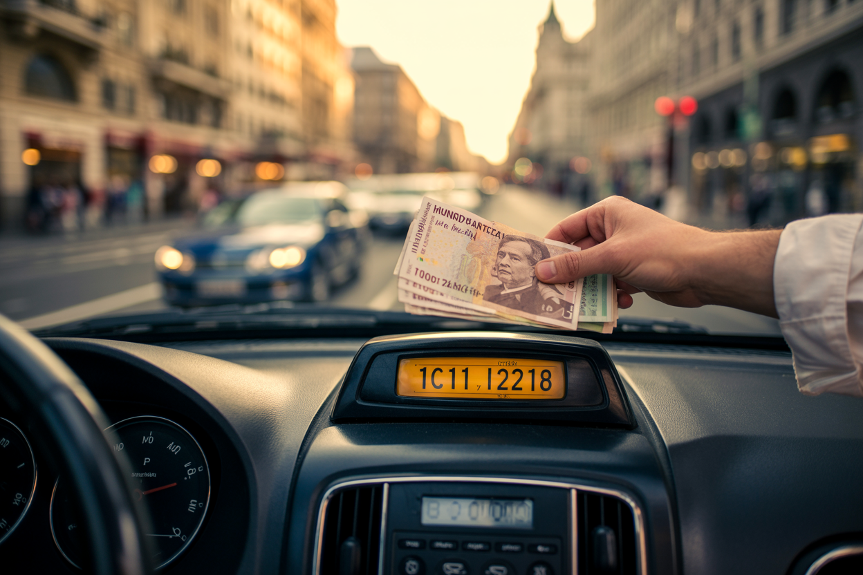realistic image of a close-up view of a taxi meter inside a Budapest cab, displaying a fare amount, with a blurred background showing the iconic Budapest cityscape through the car window, warm ambient lighting from the city streets illuminating the interior, creating a practical and informative mood, with a white male passenger's hand visible in the background handing over Hungarian forint banknotes to suggest a fare transaction. Absolutely NO text should be in the scene.