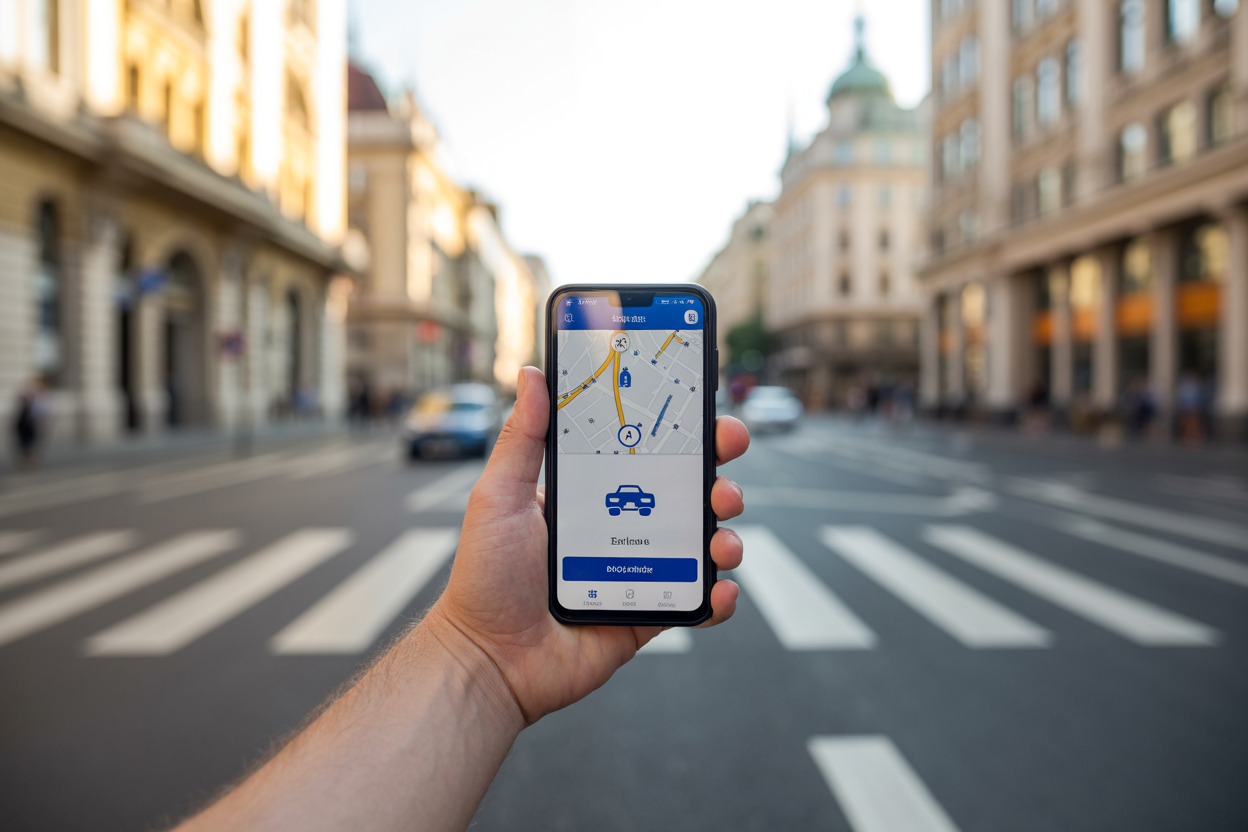 realistic image of a smartphone displaying a taxi booking app interface with a map and a car icon on the screen, held in one hand against a blurred background of a Budapest street with recognizable architecture, warm daylight lighting, conveying a sense of convenience and smart travel. Absolutely NO text should be in the scene.
