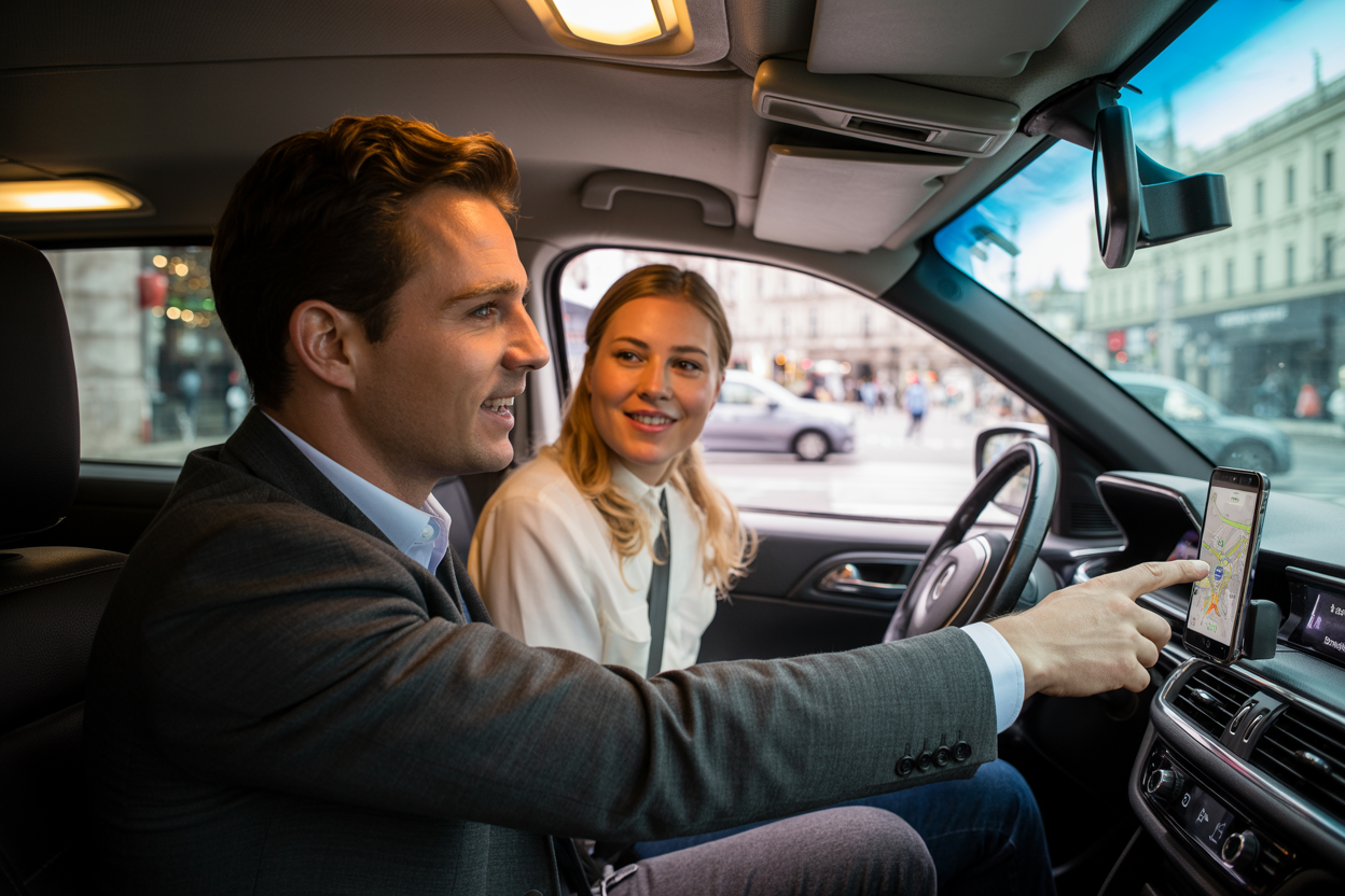 realistic image of a white male taxi driver in the front seat of a Budapest taxi cab turning slightly toward a white female passenger in the back seat, both engaged in a friendly conversation, with the driver gesturing toward a smartphone mounted on the dashboard displaying a map navigation app, the interior of the taxi is clean and modern, warm ambient lighting inside the cab, with blurred Budapest street scenery visible through the windows in the background, conveying a helpful and communicative mood. Absolutely NO text should be in the scene.