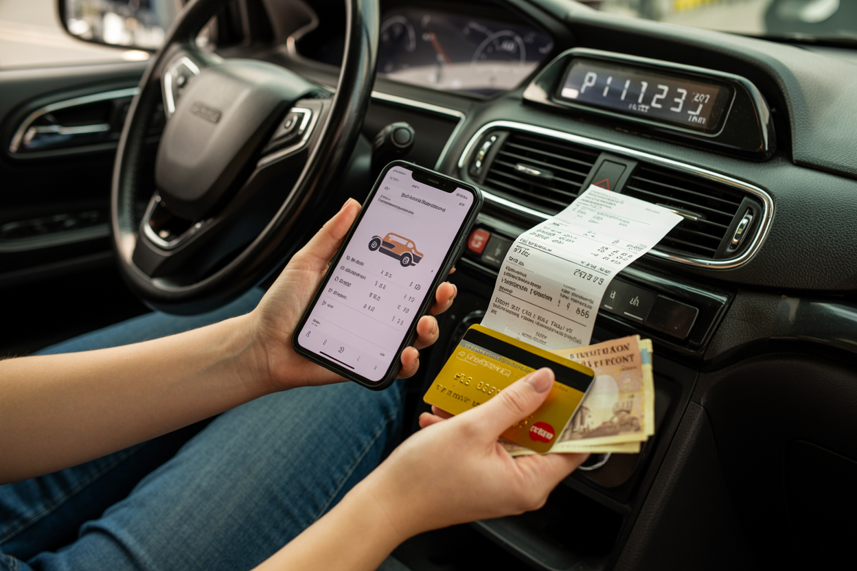 realistic image of a close-up scene inside a Budapest taxi showing a white female passenger's hands holding a smartphone displaying a taxi fare calculator app while a printed receipt rests on her lap, with a credit card and some Hungarian forint banknotes visible, the taxi's meter displayed on the dashboard in the background, warm interior lighting creating a practical and organized mood, emphasizing smart payment and record-keeping during a taxi ride. Absolutely NO text should be in the scene.