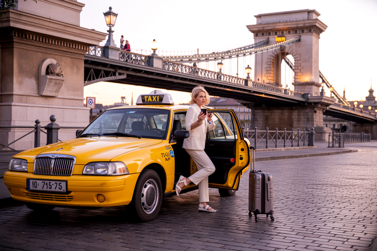 realistic image of a yellow Budapest taxi cab parked on a charming cobblestone street in Budapest, with the iconic Chain Bridge softly visible in the background during golden hour, a white female tourist confidently getting into the taxi while holding a smartphone displaying a taxi app, her luggage neatly placed beside the car, the scene conveying a sense of ease, confidence, and smart travel, warm and welcoming lighting casting a soft glow over the entire scene. Absolutely NO text should be in the scene.