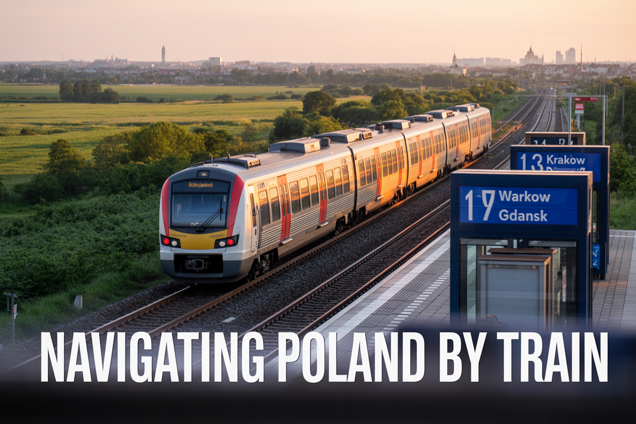 realistic image of a modern Polish intercity train gliding through a scenic Polish countryside landscape with green fields and distant city skyline in the background, captured during golden hour lighting that creates a warm and inviting atmosphere, with a train station platform in the foreground featuring destination boards displaying Polish city names like Warsaw, Krakow, and Gdansk, the overall mood is adventurous and travel-inspiring, with the on-image text "Navigating Poland by Train" displayed in bold white letters with a subtle dark overlay at the bottom of the image.