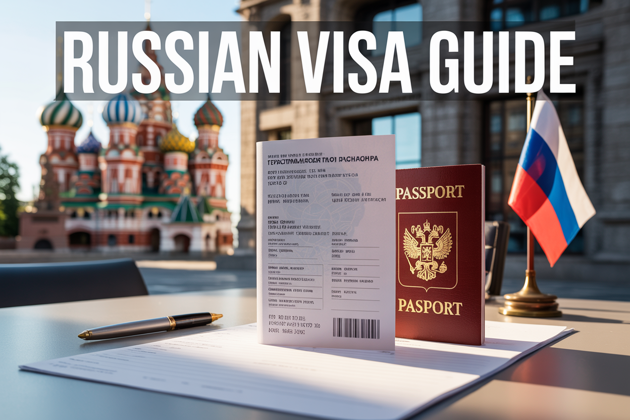 realistic image of a Russian visa document and a valid passport placed on a clean white desk, accompanied by complementary elements such as a pen, a small Russian flag, and iconic Russian landmark imagery like Saint Basil's Cathedral subtly visible in the blurred background, with warm and professional lighting creating a focused and organized atmosphere, and bold text overlay reading "Russian Visa Guide" in a clean modern font positioned at the top of the image.