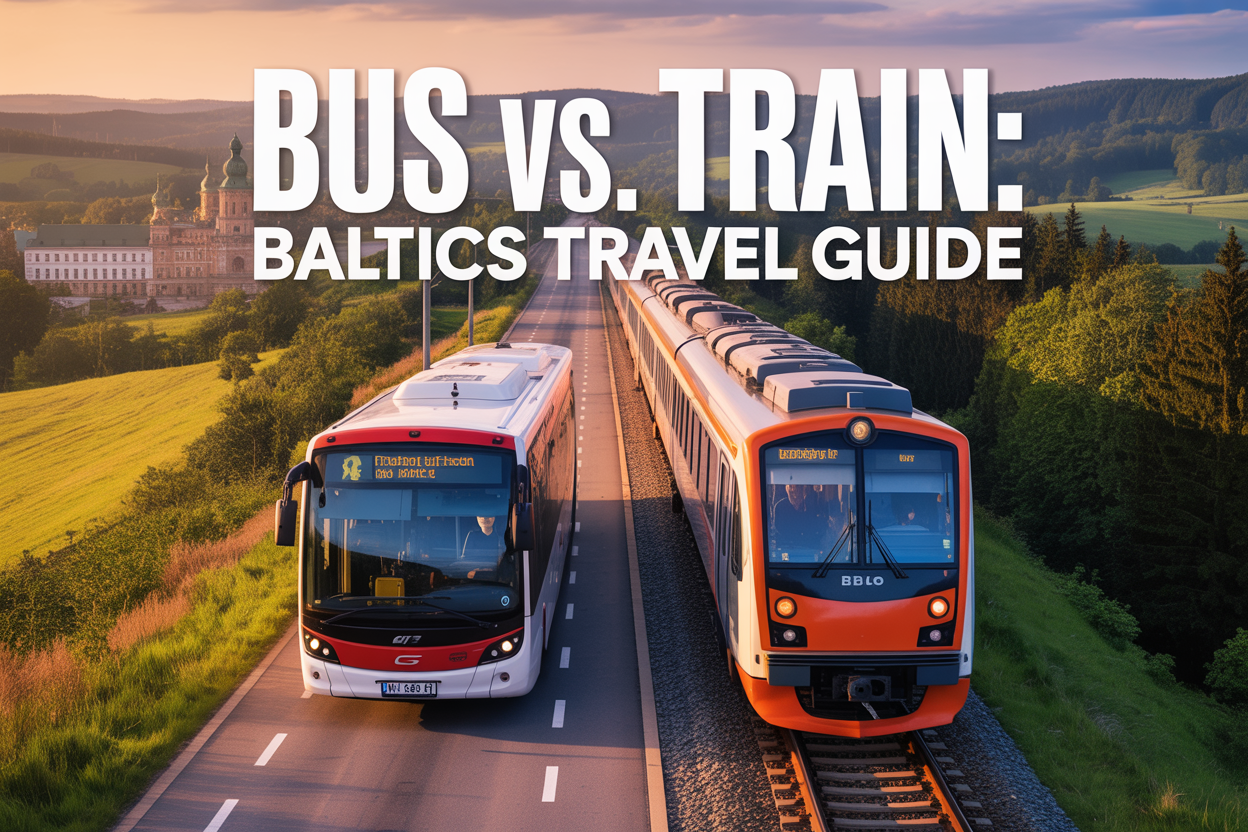 realistic image of a split-scene composition showing a modern intercity bus on the left and a passenger train on the right, both traveling through a scenic Baltic landscape with lush green forests, rolling countryside, and hints of historic European architecture in the background, the two vehicles separated by a subtle dividing line in the center, warm golden-hour lighting casting a travel-inspiring glow across the scene, with the bold on-image text "Bus vs. Train: Baltics Travel Guide" displayed prominently at the top or bottom in clean white font.