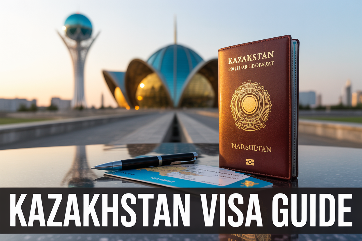 realistic image of a Kazakhstan passport or travel document placed on a flat surface alongside a pen, with the iconic Bayterek Tower of Nur-Sultan (Astana) visible in the blurred background, complemented by a world map or boarding pass as complementary elements, bathed in warm, professional lighting that conveys a sense of travel and opportunity, with bold on-image text that reads "Kazakhstan Visa Guide" overlaid in a clean, modern font at the bottom of the image.