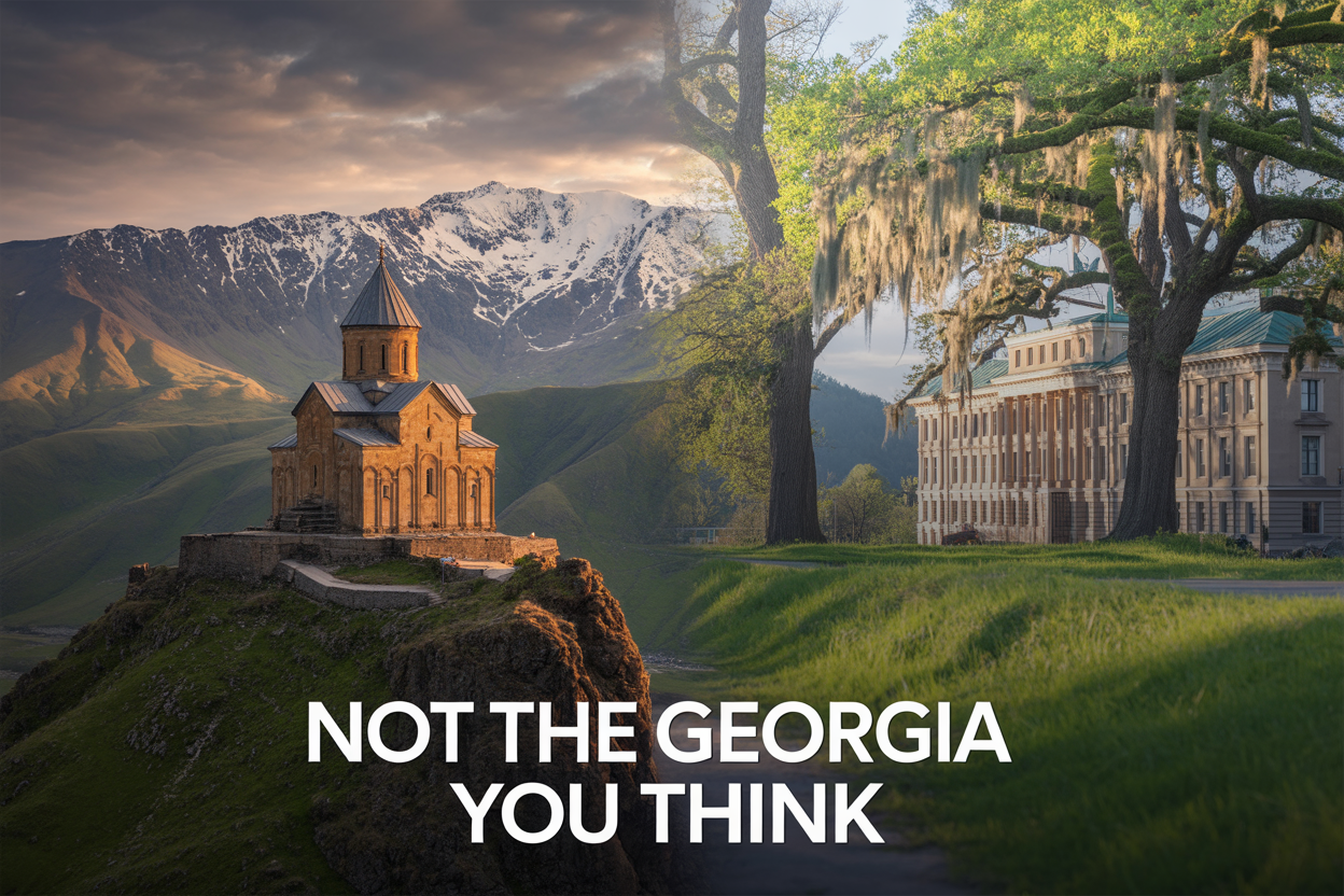 realistic image of a split-screen composition showcasing two iconic landmarks side by side — on the left, the ancient Gergeti Trinity Church perched dramatically on a rocky hilltop in the Caucasus Mountains of Georgia the country, with snow-capped peaks in the background under a moody, golden-hour sky, and on the right, a lush green Georgia U.S. state landscape featuring classic Southern architecture with tall oak trees draped in Spanish moss under warm sunlight, both scenes blended seamlessly at the center with a subtle overlapping effect, creating a sense of duality and discovery, with the bold on-image text "Not the Georgia You Think" displayed prominently at the center in elegant white font, overall mood being mysterious, adventurous, and visually striking.