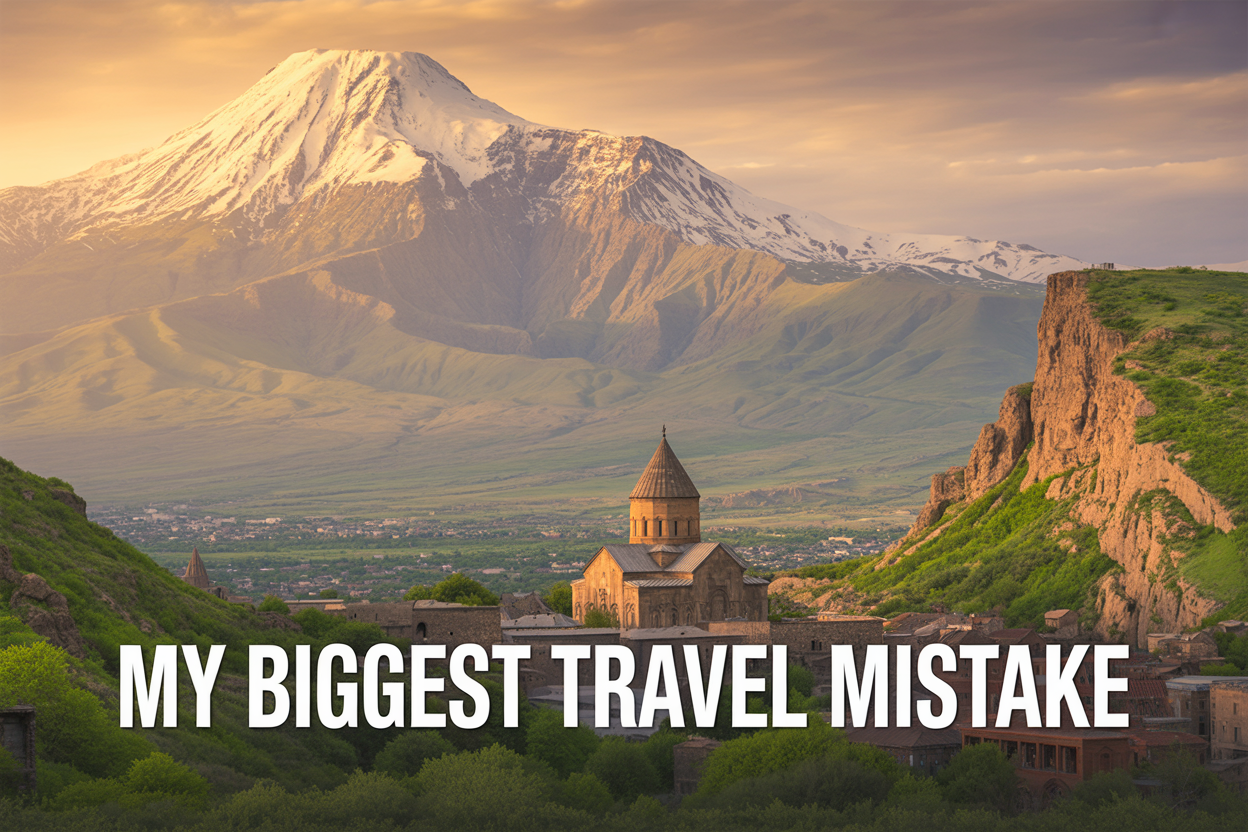 realistic image of a breathtaking Armenian landscape featuring the iconic Geghard Monastery or Khor Virap monastery nestled against a dramatic backdrop of Mount Ararat with snow-capped peaks under a warm golden hour sky, with lush green hills and ancient stone architecture in the foreground, evoking a sense of awe and discovery, the overall mood is adventurous and inspiring with rich warm tones of amber and gold, and overlaid text in bold white font reading "My Biggest Travel Mistake" positioned in the lower third of the image.
