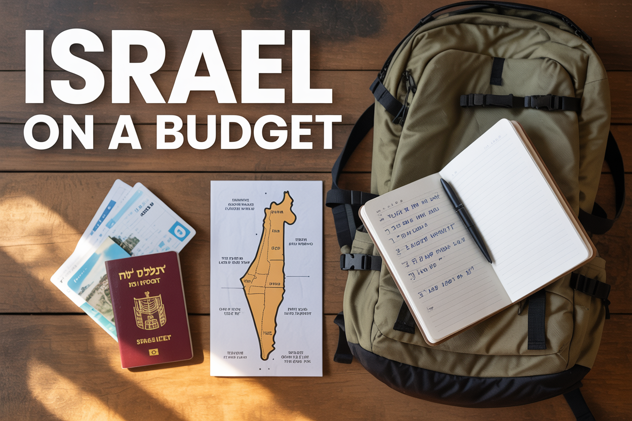 realistic image of a budget travel flat lay scene featuring a open passport, a small stack of Israeli shekels, a simple travel map of Israel highlighting iconic landmarks like the Western Wall and the Dead Sea, a lightweight backpack, and a notebook with a handwritten itinerary, all arranged on a rustic wooden surface with warm natural lighting, evoking a sense of adventure and smart travel planning, with bold on-image text that reads "Israel on a Budget" in a clean, modern font placed at the top of the image.