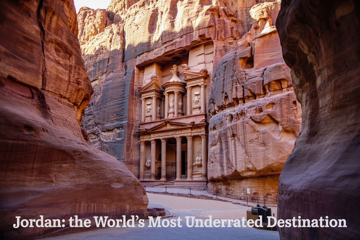 realistic image of the iconic Treasury (Al-Khazneh) of Petra, Jordan, carved into rose-red sandstone cliffs, bathed in warm golden sunlight, with a narrow canyon pathway leading toward it, surrounded by the vast dramatic desert landscape, conveying a sense of awe and timeless wonder, with the on-image text "Jordan: The World's Most Underrated Destination" elegantly displayed at the bottom in white bold serif font.