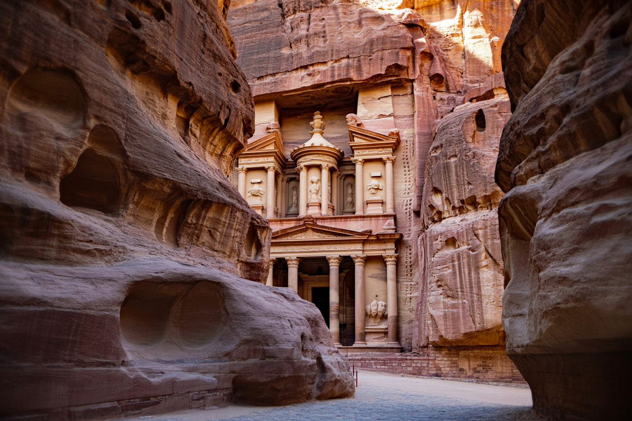 realistic image of the ancient city of Petra in Jordan, showcasing the iconic Treasury building carved directly into rose-red sandstone cliffs, viewed from the narrow Siq canyon passage, with warm golden sunlight illuminating the intricate facade of the carved rock monument, emphasizing its grand scale and architectural detail that rivals the great monuments of Egypt and Greece, the scene bathed in a warm amber glow with dramatic shadows highlighting the depth and texture of the sandstone, creating an awe-inspiring and majestic atmosphere that conveys timeless historical grandeur. Absolutely NO text should be in the scene.