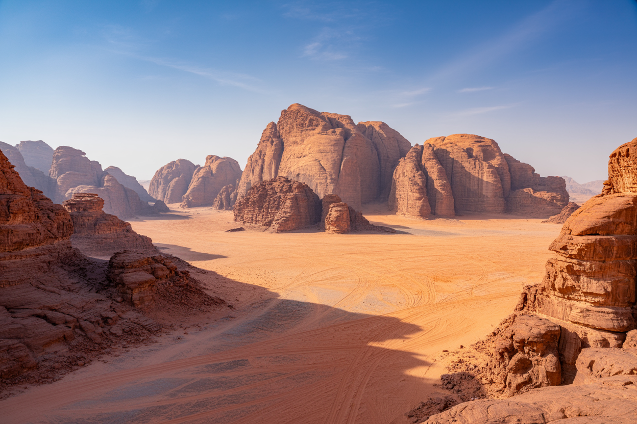 realistic image of a breathtaking panoramic view of Wadi Rum desert in Jordan, featuring towering red sandstone mountains and rock formations rising from a vast golden-orange desert floor, with dramatic shadows cast across the landscape under a vivid blue sky with wispy clouds, the scene bathed in warm golden hour sunlight that intensifies the rich red and amber hues of the ancient rocks, conveying a sense of awe-inspiring vastness and untouched natural beauty. Absolutely NO text should be in the scene.