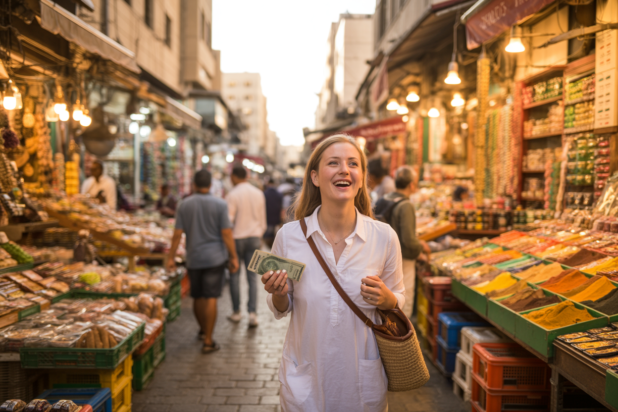 realistic image of a bustling Jordanian market street in Amman with colorful spice stalls, fresh produce, and affordable local goods displayed in abundance, featuring a white female traveler happily browsing through the vibrant market, holding local currency and a small woven bag, warm golden afternoon lighting casting a rich glow over the scene, conveying a sense of value, discovery, and budget-friendly adventure in an exotic Middle Eastern setting. Absolutely NO text should be in the scene.