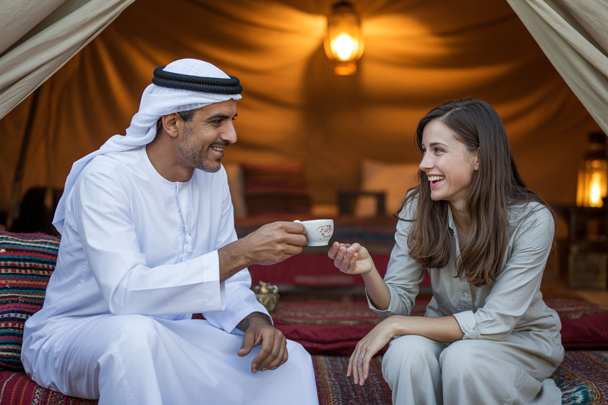realistic image of a warm and inviting scene in Jordan where a middle-aged Arab male host in traditional white thobe is offering a small cup of Arabic coffee to a white female traveler, both smiling genuinely at each other, set inside a cozy Bedouin tent with colorful woven rugs and cushions, soft golden lantern light casting a warm glow over the scene, creating an atmosphere of genuine hospitality and cultural connection, Absolutely NO text should be in the scene.