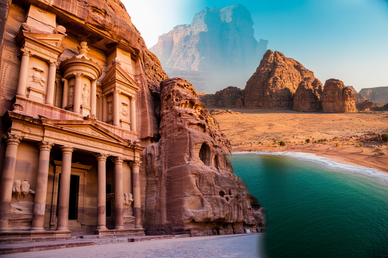 realistic image of a dramatic collage-style scene showcasing Jordan's most iconic and unique experiences, featuring the rose-red ancient city of Petra with its carved sandstone facades glowing in warm golden light, the surreal otherworldly landscape of Wadi Rum desert with its towering red rock formations under a vast open sky, and the shimmering turquoise Dead Sea with its salt-crusted shores reflecting soft sunlight, all blended into a breathtaking panoramic composition that evokes wonder, discovery, and exclusivity, with a warm, rich, and adventurous mood suggesting these are once-in-a-lifetime experiences found nowhere else on Earth. Absolutely NO text should be in the scene.