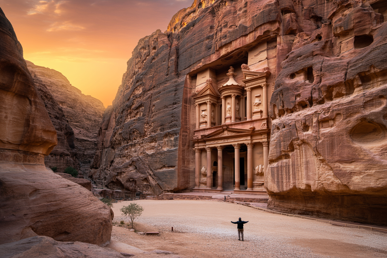 realistic image of a breathtaking panoramic view of Jordan's iconic Petra at golden hour, with the rose-red Treasury monument glowing warmly in the fading sunlight, surrounded by dramatic sandstone cliffs, with a lone white male traveler standing in the foreground with his back to the camera, arms slightly spread as if in awe, gazing at the magnificent ancient facade, the scene bathed in rich amber and golden tones that evoke a sense of wonder, discovery, and fulfillment, with a vast and ancient landscape stretching into the background under a vivid sunset sky. Absolutely NO text should be in the scene.