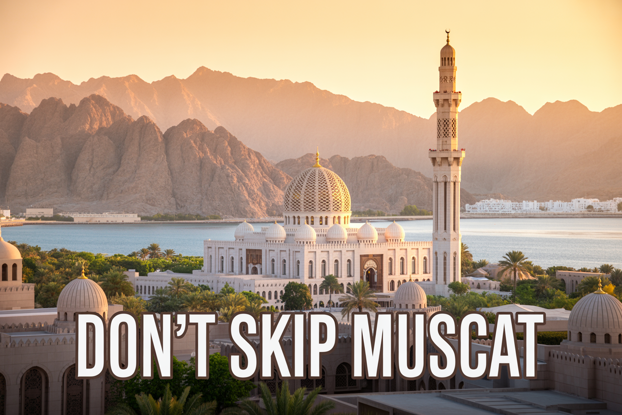 realistic image of a stunning panoramic view of Muscat, Oman, featuring the iconic Sultan Qaboos Grand Mosque with its gleaming white domes and towering minarets in the background, framed by the dramatic rocky Al Hajar Mountains under a warm golden sunset sky, with the calm blue waters of the Gulf of Oman visible in the distance, lush palm trees and traditional Omani architecture complementing the scene, the overall mood being inviting, awe-inspiring, and luxurious, with soft golden hour lighting casting a warm glow across the entire landscape, and bold white text overlaid on the lower portion of the image reading "Don't Skip Muscat."