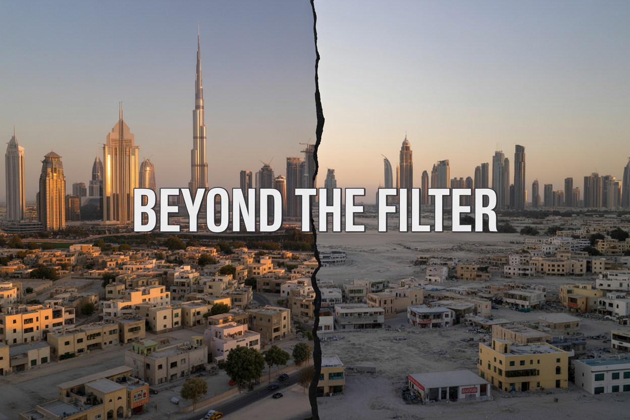 realistic image of a split-scene composition showing the iconic Dubai skyline with the Burj Khalifa and luxury skyscrapers gleaming under golden sunlight on one side, and on the other side a candid view of a modest, dusty labor district with cramped low-rise buildings and narrow streets, the two worlds divided by a subtle visual split or cracked mirror effect, with warm glamorous lighting on the luxury side contrasting with flat, harsh midday light on the other side, and bold white text overlay reading "Beyond the Filter" positioned at the center of the image where both worlds meet.