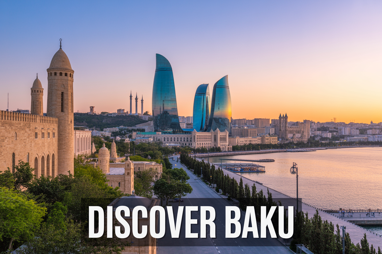 realistic image of a stunning panoramic view of Baku, Azerbaijan, showcasing the iconic Flame Towers rising against a golden sunset sky on the right, while the ancient stone walls and minarets of the Old City (Icherisheher) are visible on the left, with the shimmering Caspian Sea reflecting the warm light in the background, creating a breathtaking contrast between historic and modern architecture, with lush greenery along the boulevard in the foreground, the overall mood being vibrant, inviting, and awe-inspiring, with soft golden-hour lighting illuminating the scene, and bold white text overlay reading "Discover Baku" positioned at the bottom center of the image.