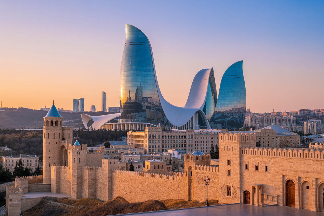 realistic image of a breathtaking panoramic view of Baku, Azerbaijan, showcasing a striking contrast between the ancient stone walls and towers of the Old City (Icherisheher) in the foreground and the futuristic, flame-shaped Flame Towers gleaming in the background, with the modern Heydar Aliyev Center's sweeping white curves visible on the skyline, bathed in warm golden hour lighting that highlights the textures of centuries-old architecture alongside sleek contemporary structures, creating a seamless yet dramatic juxtaposition of past and present, with a clear sky transitioning from soft orange to deep blue overhead. Absolutely NO text should be in the scene.