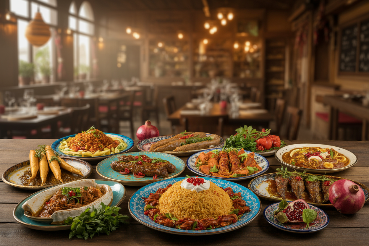 realistic image of a beautifully arranged spread of traditional Azerbaijani dishes on a rustic wooden table, featuring colorful plates of plov (saffron rice), dolma, kebabs, fresh herbs, and pomegranate-garnished dishes, with warm golden lighting illuminating the vibrant food spread, set against a softly blurred background of a cozy Baku restaurant with traditional decor, creating an inviting and appetizing atmosphere that showcases the rich culinary culture of Azerbaijan. Absolutely NO text should be in the scene.