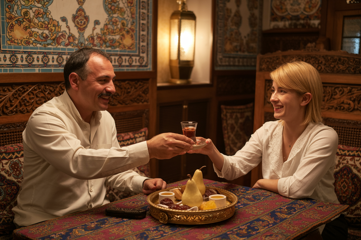 realistic image of a warm and inviting scene inside a traditional Azerbaijani tea house in Baku, where a middle-aged Azerbaijani male host warmly welcomes a white female traveler, offering her a glass of traditional pear-shaped Azerbaijani tea served on an ornate tray with local sweets and dried fruits, the interior richly decorated with handwoven carpets, colorful mosaic tiles, and intricate wooden carvings, soft golden lantern lighting casting a cozy and welcoming atmosphere, evoking a sense of cultural richness and genuine hospitality. Absolutely NO text should be in the scene.