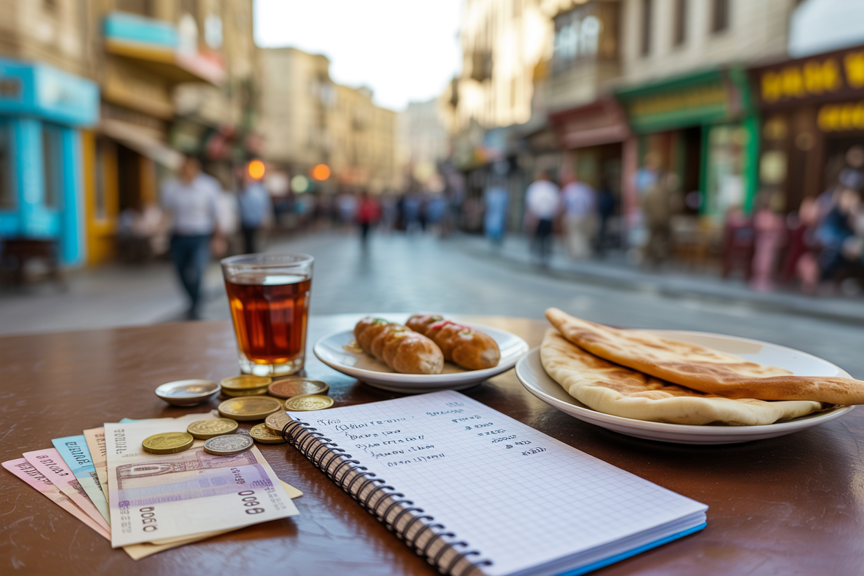 realistic image of a traveler's budget spread out on a wooden table in Baku, Azerbaijan, featuring local currency (Azerbaijani manat notes and coins), a small notebook with travel expenses, and affordable local street food like kebabs and flatbread alongside a glass of tea, with a blurred background showing the vibrant and bustling streets of Baku's Old City, warm and inviting lighting that conveys a sense of value and adventure, the overall mood suggesting that Baku is an accessible and budget-friendly travel destination. Absolutely NO text should be in the scene.