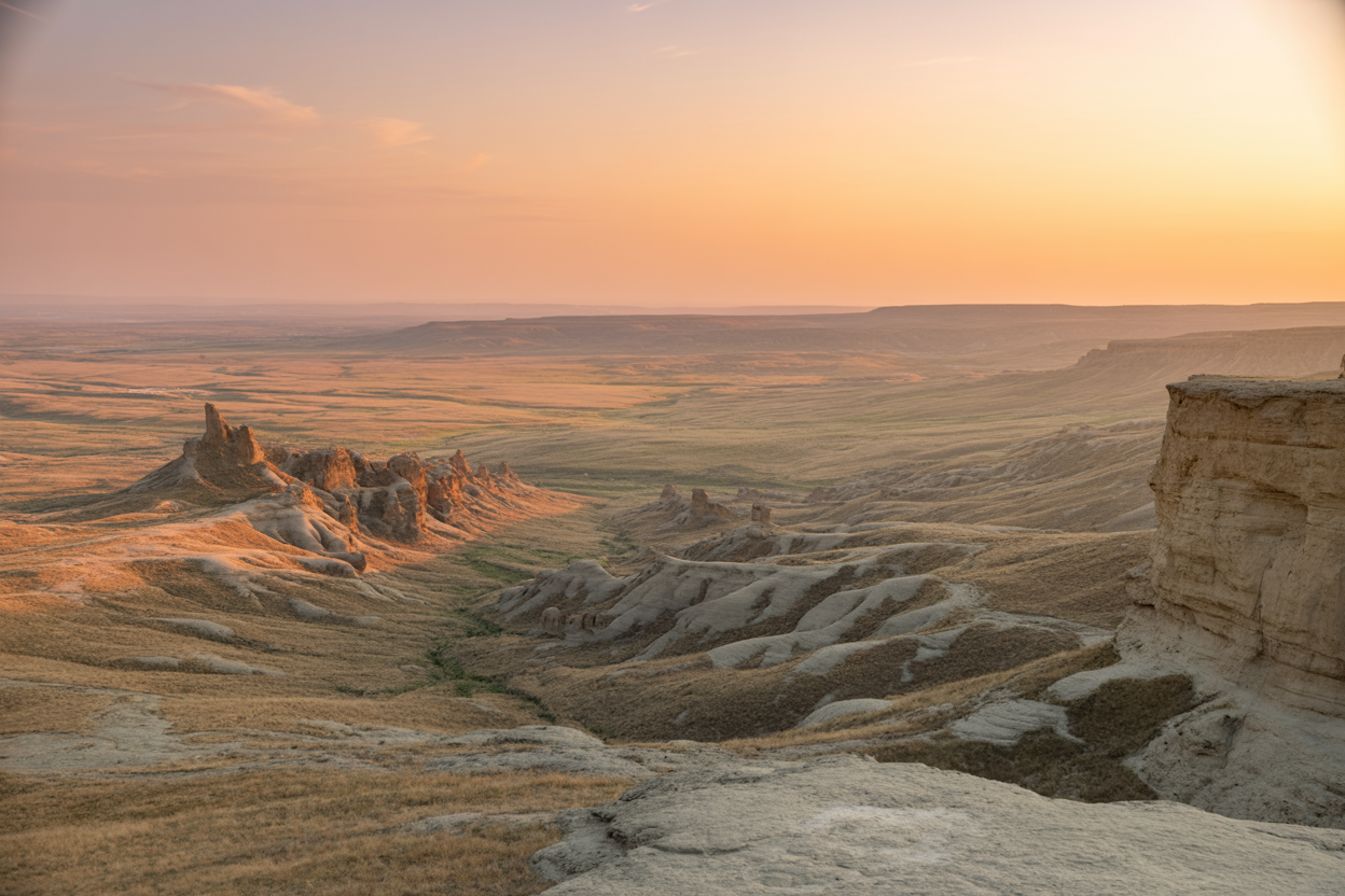 realistic image of a breathtaking natural landscape near Baku, Azerbaijan, featuring the rugged Gobustan terrain with dramatic rocky formations and vast open steppes stretching into the horizon, under a golden hour sky with warm orange and pink hues, showcasing the raw and untouched beauty of the Azerbaijani wilderness, with no human presence, emphasizing the expansive and awe-inspiring scale of the scenery, with soft natural lighting casting long shadows across the textured landscape. Absolutely NO text should be in the scene.