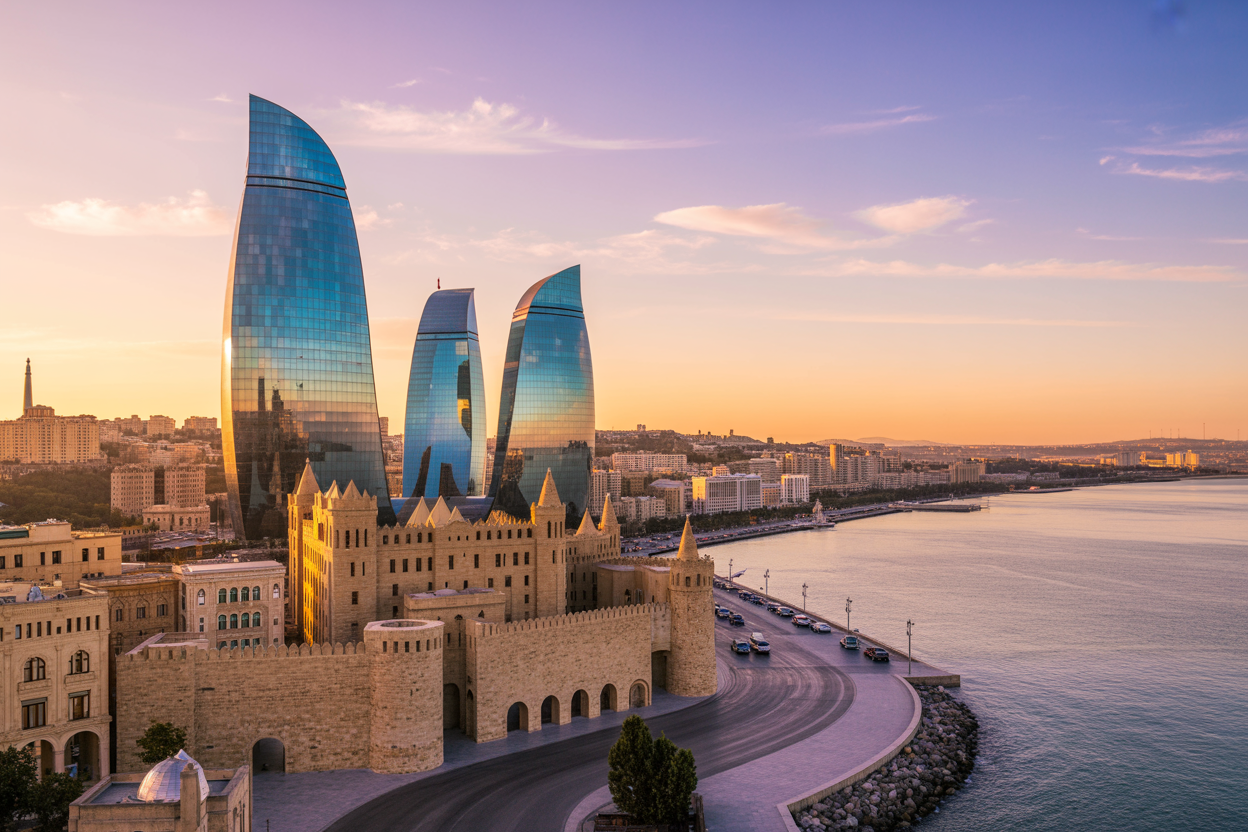 realistic image of a breathtaking panoramic view of Baku, Azerbaijan, showcasing the iconic Flame Towers rising above the modern skyline on one side and the ancient stone walls of the Old City on the other, with the shimmering Caspian Sea stretching across the background under a warm golden sunset sky, capturing the perfect harmony of ancient history and modern grandeur in a single sweeping scene, with vibrant yet serene lighting that evokes a sense of wonder, adventure, and invitation, Absolutely NO text should be in the scene.