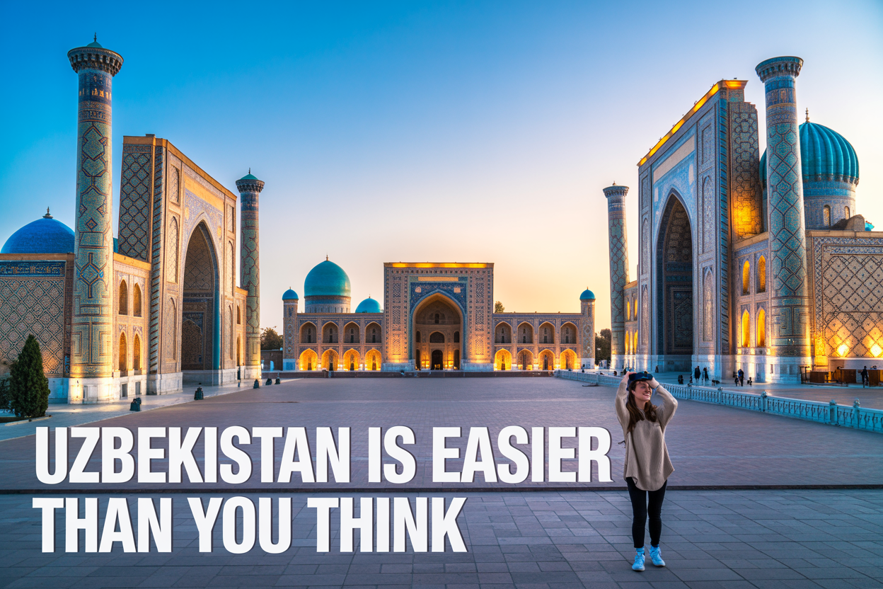 realistic image of a stunning view of the iconic Registan Square in Samarkand, Uzbekistan, featuring the grand blue-tiled mosques and intricate Islamic architecture under a bright, clear sky, with a cheerful white female tourist in casual travel attire taking photos and exploring the historic site, conveying a sense of ease and wonder, warm golden sunlight illuminating the majestic facades, with an on-image text overlay that reads "Uzbekistan Is Easier Than You Think" in bold, modern white font positioned at the bottom of the image.