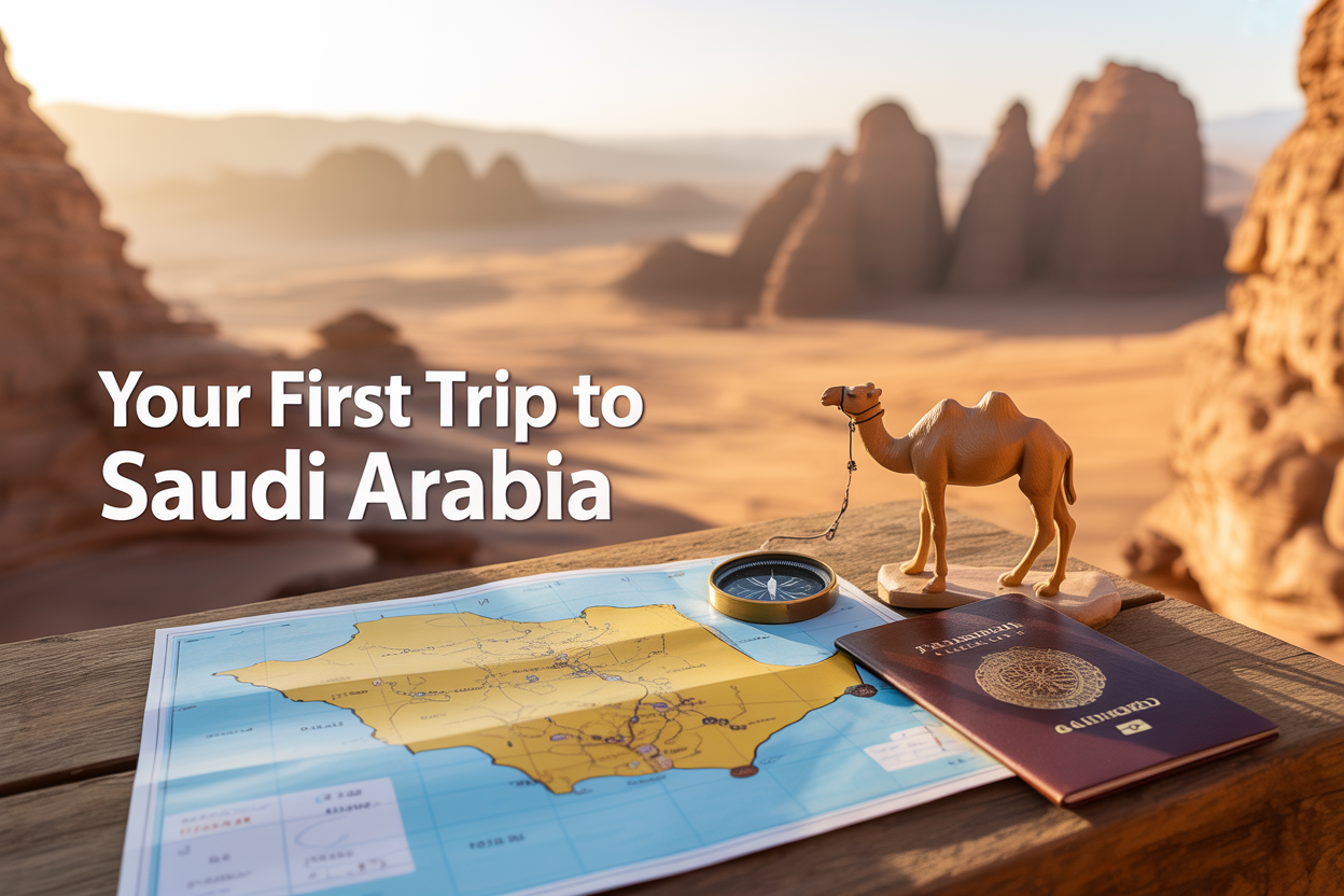 realistic image of a scenic travel-themed flat lay featuring a map of Saudi Arabia, a passport, a compass, and a small figurine of a camel placed on a wooden surface, with a blurred background showing the iconic Al-Ula sandstone formations and a golden desert landscape under warm, glowing sunlight, evoking a sense of adventure and cultural exploration, with a bold on-image text overlay that reads "Your First Trip to Saudi Arabia" in clean, modern white font positioned at the top of the image.