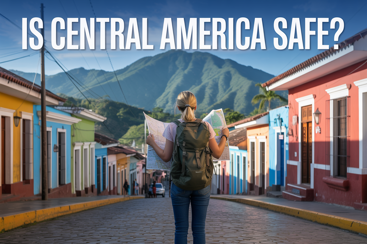 realistic image of a scenic Central American landscape featuring a vibrant colonial town with colorful buildings, lush green mountains in the background, and a clear blue sky, with a solo white female traveler wearing a backpack standing confidently on a cobblestone street looking at a map, the scene conveying a balanced mood of adventure and cautious awareness, warm golden sunlight illuminating the street, with bold white text overlay reading "Is Central America Safe?" positioned at the top of the image.