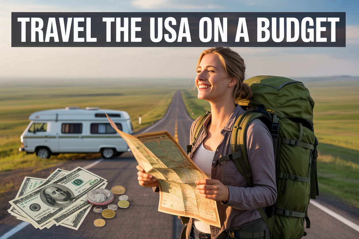 realistic image of a young white female traveler with a backpack standing on a scenic American road with vast open landscapes stretching into the horizon, holding a worn paper map and smiling confidently, with a vintage camper van parked nearby, dollar bills and coins subtly scattered in the foreground to symbolize budget travel, warm golden hour lighting casting a adventurous and optimistic mood, and bold white text overlay reading "Travel the USA on a Budget" positioned at the top of the image.