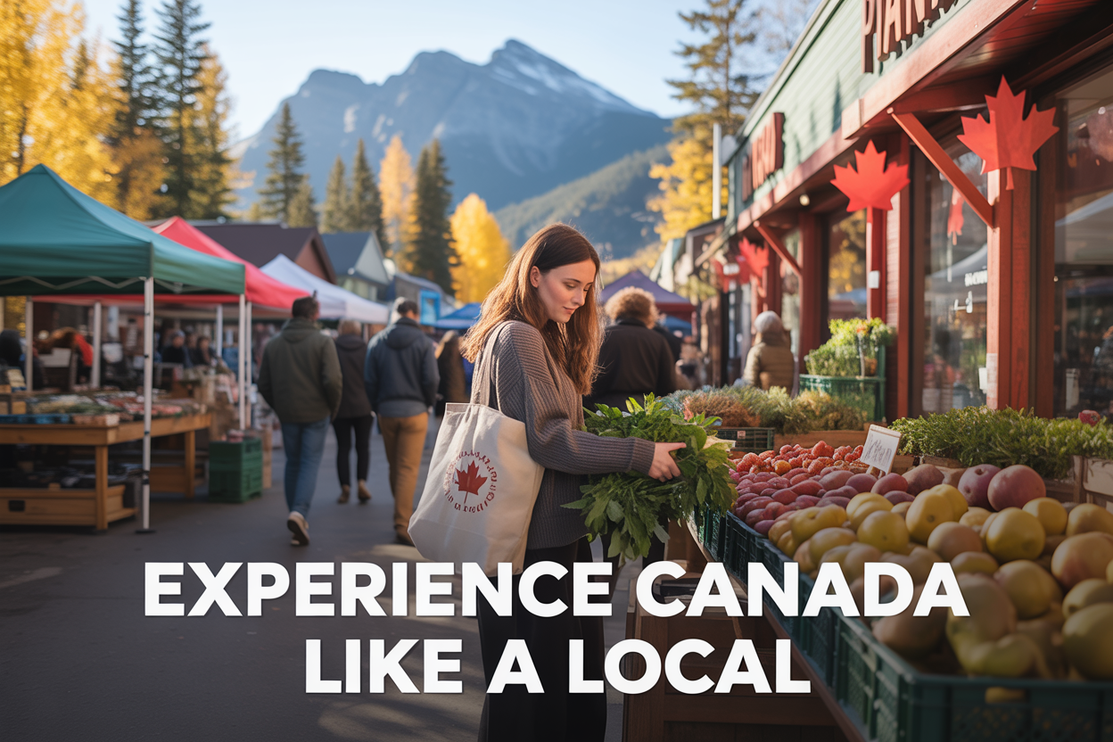 realistic image of a cozy Canadian street scene featuring a white female traveler blending in with locals at an outdoor farmers market, browsing fresh local produce with a reusable bag, surrounded by charming wooden stalls, maple leaf decorations, and a backdrop of snow-capped mountains and tall pine trees under warm golden hour lighting, with the on-image text "Experience Canada Like a Local" displayed in bold, modern typography at the bottom of the image.