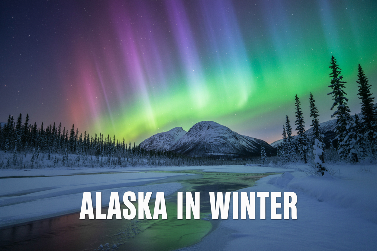 realistic image of a breathtaking Alaskan winter landscape at night featuring a vivid green and purple Northern Lights display illuminating the sky above a snow-covered mountain range and dense frost-covered pine forests, with a frozen river reflecting the aurora in the foreground, the scene exuding a magical and awe-inspiring mood with crisp cold air visible in the atmosphere, soft blue and white snow glistening under the aurora light, and bold white text overlay reading "Alaska in Winter" positioned in the lower third of the image.