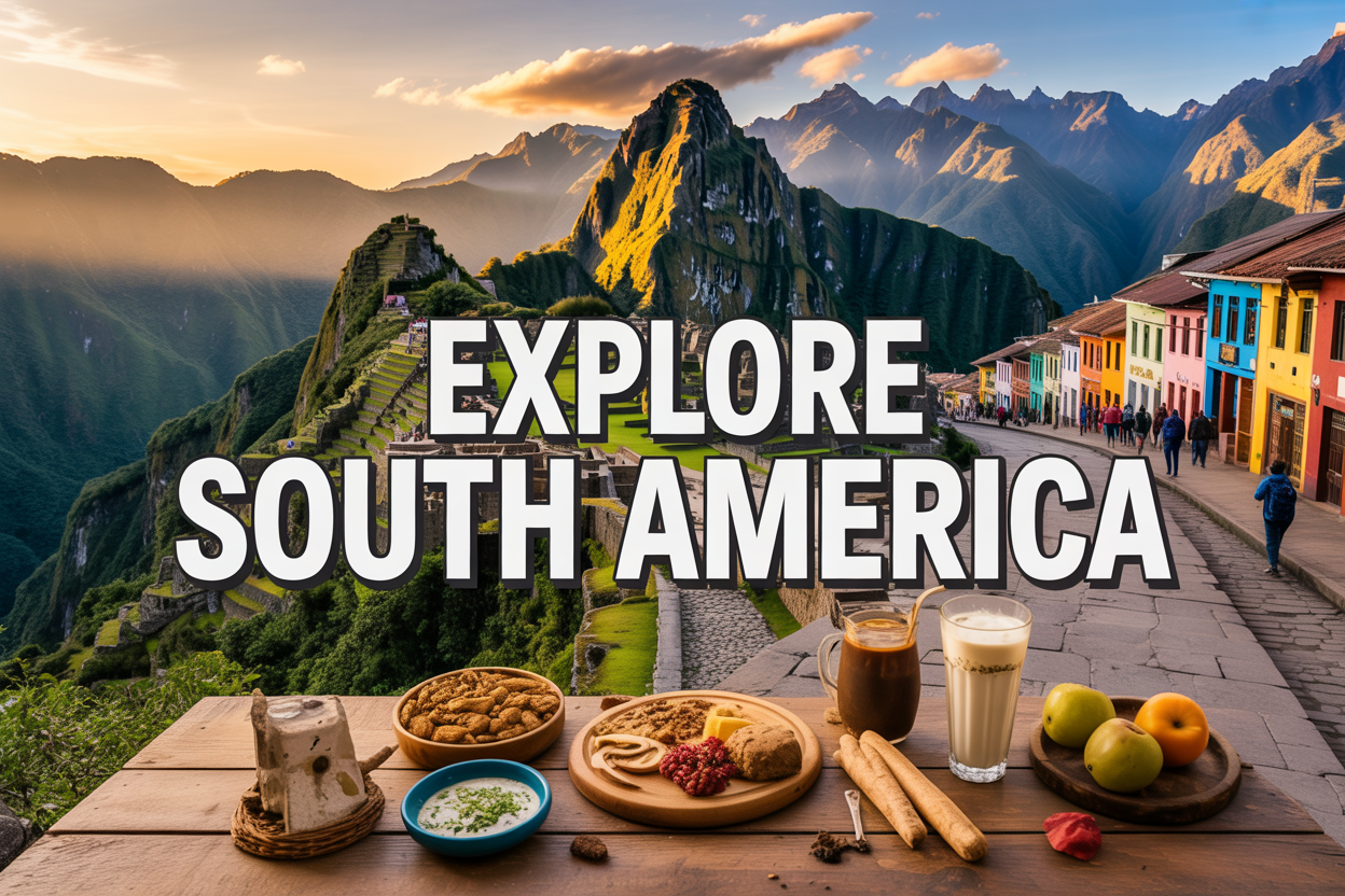 realistic image of a breathtaking panoramic collage-style scene showcasing South America's highlights, featuring a vibrant landscape with the lush Amazon rainforest on one side, the majestic Machu Picchu ruins on the other, and the colorful streets of a South American city in the background, with a foreground showing a wooden table with local food, drinks like mate and fresh fruits, warm golden hour lighting casting a rich, adventurous glow across the entire scene, evoking a sense of wonder and excitement, with bold stylized text overlay reading "Explore South America" in white letters with a subtle shadow for readability.