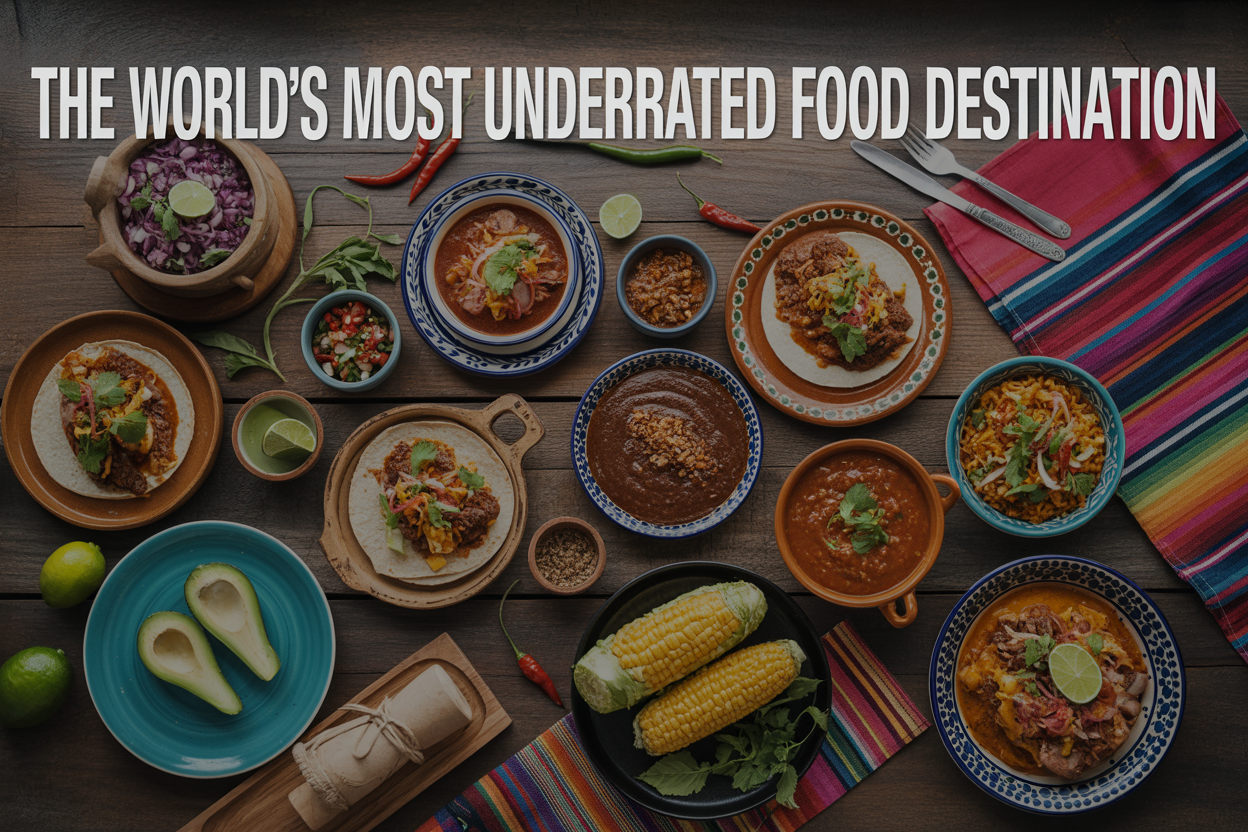 realistic image of a vibrant, overhead flat-lay spread of iconic Mexican dishes including tacos al pastor, mole negro, elotes, and colorful salsas arranged on a rustic wooden table with traditional Mexican ceramic plates and hand-woven textiles, accompanied by fresh ingredients like chilies, limes, avocados, and herbs scattered around, warm and rich natural lighting that enhances the vivid colors of the food, with the on-image text "The World's Most Underrated Food Destination" displayed in bold, elegant white typography subtly overlaid at the top of the image.