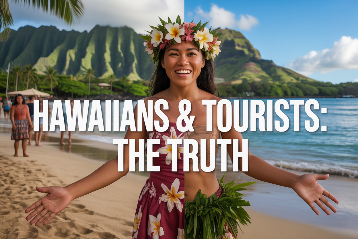 realistic image of a scenic Hawaiian beach setting with a split visual tone — one side warm and welcoming with a smiling Native Hawaiian female local in traditional floral attire greeting visitors, and the other side showing signs of overcrowding with tourists and environmental strain, capturing the complex emotional contrast between hospitality and cultural tension, with lush green mountains and turquoise ocean in the background, natural sunlight casting a balanced golden glow across the scene, and bold white text overlay reading "Hawaiians & Tourists: The Truth" positioned at the center of the image.
