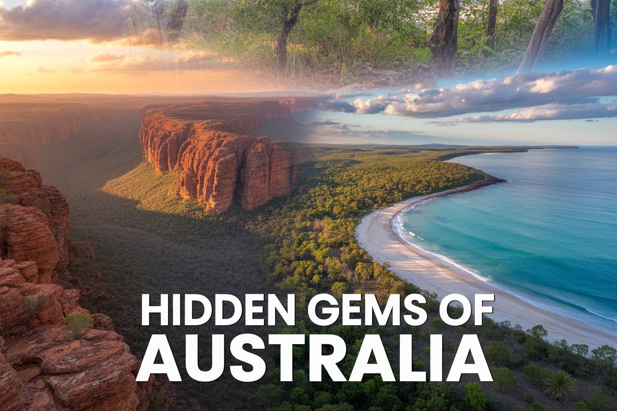 realistic image of a stunning collage-style composition showcasing Australia's breathtaking hidden landscapes, featuring a dramatic wide-angle panoramic scene blending a rugged red-rock gorge from the Kimberley region, a lush tropical rainforest canopy, and a pristine turquoise coastline with secluded white sandy shores, bathed in warm golden hour sunlight that casts a rich, adventurous glow across the entire scene, with a sense of vast untouched wilderness and natural wonder, overlaid with bold elegant white text reading "Hidden Gems of Australia" positioned at the center-bottom of the image.