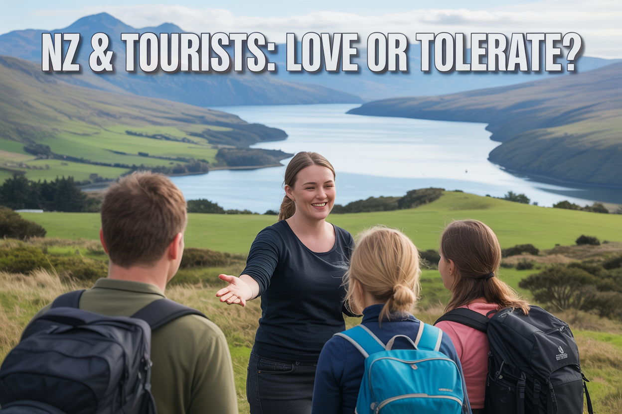 realistic image of a stunning New Zealand landscape featuring rolling green hills, a scenic fjord or lake in the background, and a friendly white female local New Zealander smiling and gesturing welcomingly toward a diverse group of tourists with backpacks, capturing a warm yet thoughtful interaction between locals and visitors, with soft natural golden hour lighting enhancing the picturesque environment, and bold white text overlay reading "NZ & Tourists: Love or Tolerate?" positioned at the top of the image.