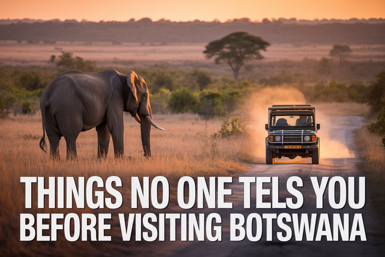 realistic image of a stunning African savanna landscape in Botswana at golden hour, featuring a majestic elephant walking through tall dry grass in the foreground with a vast wilderness stretching into the horizon, a classic open-top safari jeep partially visible on a dusty trail to the side, warm amber and orange sunlight casting long shadows across the scene, with a few acacia trees silhouetted against a dramatic sunset sky, evoking a sense of raw untouched wilderness and adventure, with bold white text overlay reading "Things No One Tells You Before Visiting Botswana" placed at the bottom of the image in a clean modern font.