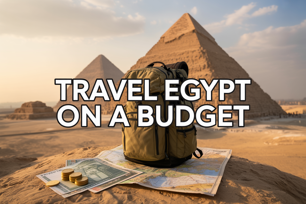 realistic image of an iconic Egyptian landscape featuring the Great Pyramids of Giza in the background under a warm golden sunset sky, with a small budget travel backpack and a worn map placed in the foreground on a sandy surface, complemented by a few Egyptian pound coins and bills scattered nearby, creating a sense of adventure and budget-conscious travel, with warm and inviting lighting that evokes an affordable yet exciting journey, and bold overlaid text reading "Travel Egypt on a Budget" in a clean, modern font.