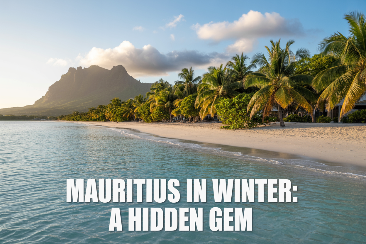 realistic image of a stunning tropical beach in Mauritius during winter, featuring crystal-clear turquoise waters, lush green palm trees swaying gently in a cool breeze, and a pristine white sandy shore under soft golden sunlight with a few light clouds in the sky, creating a serene and uncrowded atmosphere, with a distant view of dramatic volcanic mountain peaks in the background, the mood is peaceful, refreshing, and inviting, with warm yet slightly cooler tones suggesting comfortable winter weather, and a bold white text overlay that reads "Mauritius in Winter: A Hidden Gem" placed in the lower third of the image.