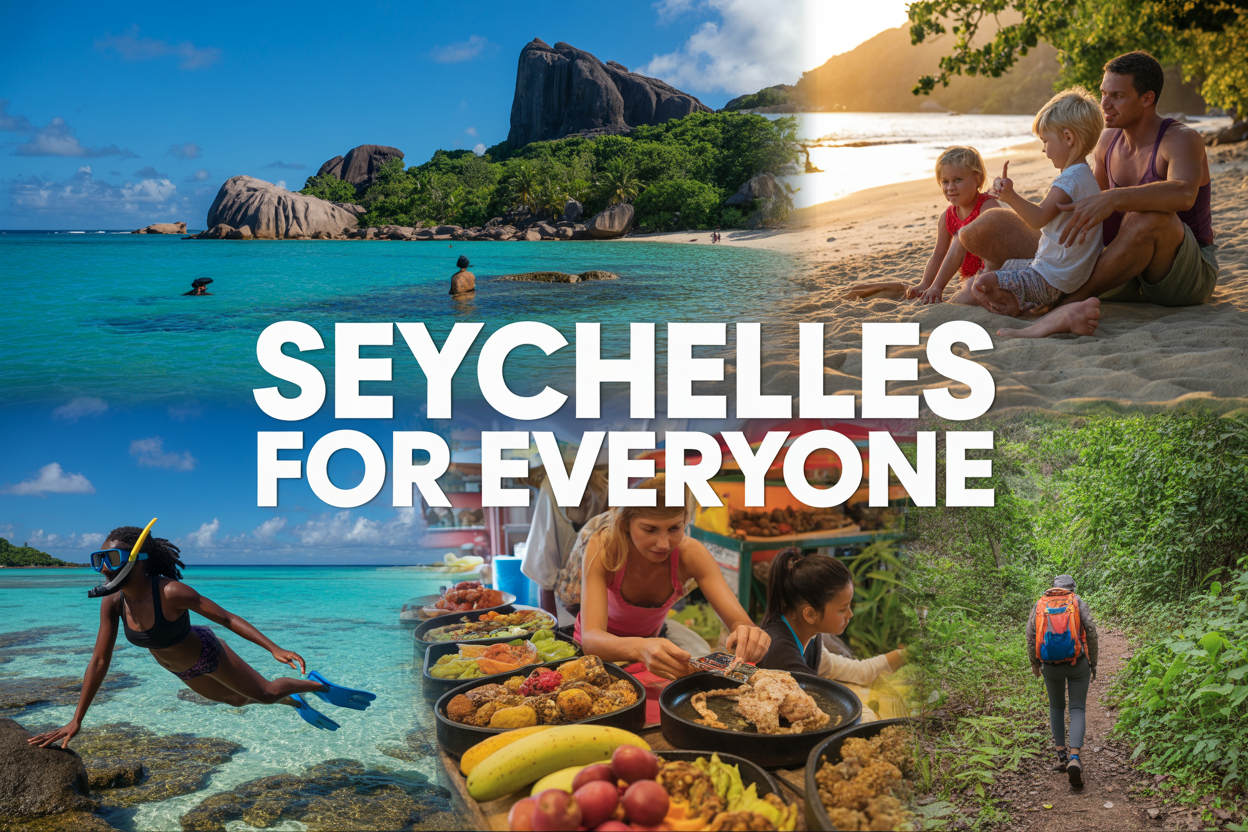 realistic image of a vibrant collage-style scene set in Seychelles featuring a stunning tropical beach with crystal-clear turquoise water and granite boulders in the background, divided into dynamic sections showing a diverse group of travelers including a black female snorkeling near a coral reef, a white male family with children enjoying a beachside picnic, a colorful local food market stall with exotic fruits and Creole dishes, and a lush green nature trail being hiked by an Asian female, all bathed in warm golden sunlight with a bright and adventurous mood, with bold white text overlay reading "Seychelles for Everyone" positioned prominently in the center of the image.