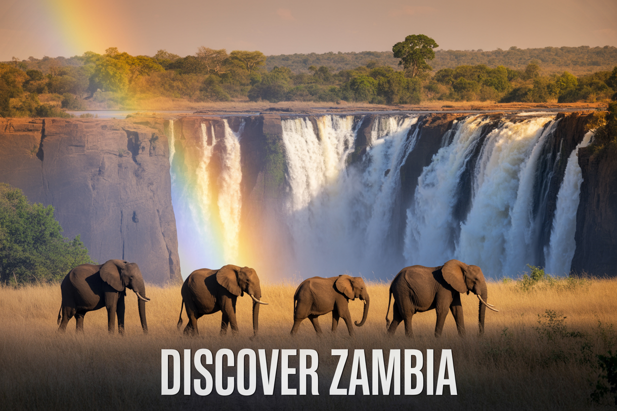 realistic image of a breathtaking panoramic view of Victoria Falls in Zambia with a massive rainbow arching over the thundering cascading water, a herd of elephants walking gracefully across the golden savanna in the foreground during warm golden hour lighting, lush green African wilderness stretching into the background, the overall mood being awe-inspiring and adventurous, with bold white text overlay reading "Discover Zambia" positioned at the bottom center of the image in a clean modern font.