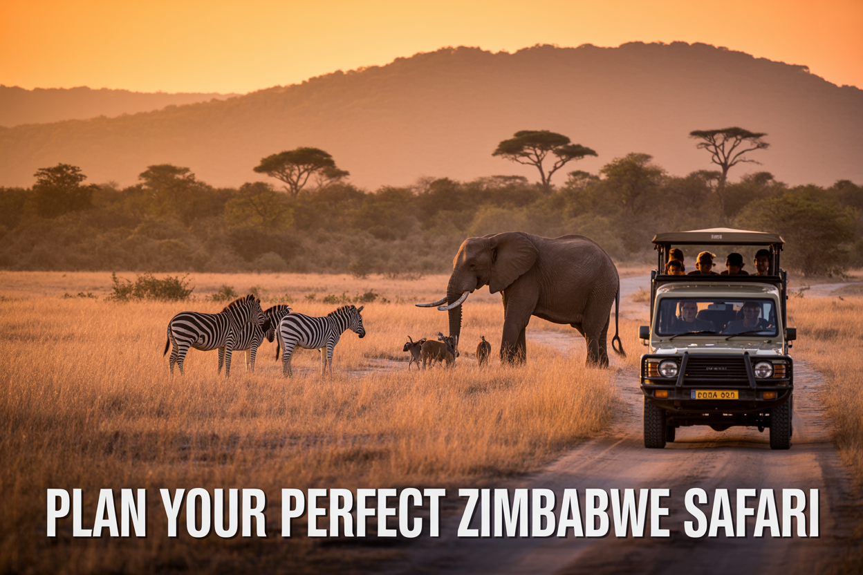 realistic image of a breathtaking Zimbabwe safari landscape featuring a vast golden savanna at golden hour, with a majestic African elephant and a small herd of zebras in the mid-ground, acacia trees silhouetted against a warm orange and amber sunset sky, a professional safari jeep partially visible on a dirt trail to the side, the scene conveying adventure and natural wonder, with bold white text overlay reading "Plan Your Perfect Zimbabwe Safari" placed at the bottom of the image in a clean modern font.