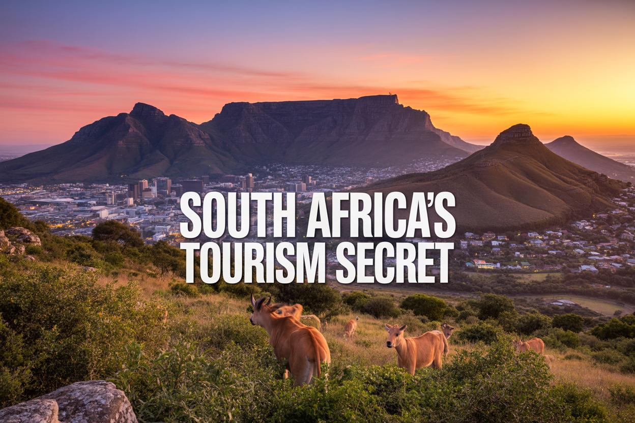 realistic image of a breathtaking panoramic view of South Africa's iconic landscape featuring Table Mountain in the background with Cape Town's vibrant cityscape below, a lush savanna with wildlife silhouettes in the midground, and a warm golden sunset casting a rich orange and amber glow across the entire scene, evoking a sense of adventure, wonder, and cultural richness, with a bold white text overlay reading "South Africa's Tourism Secret" positioned in the lower third of the image.