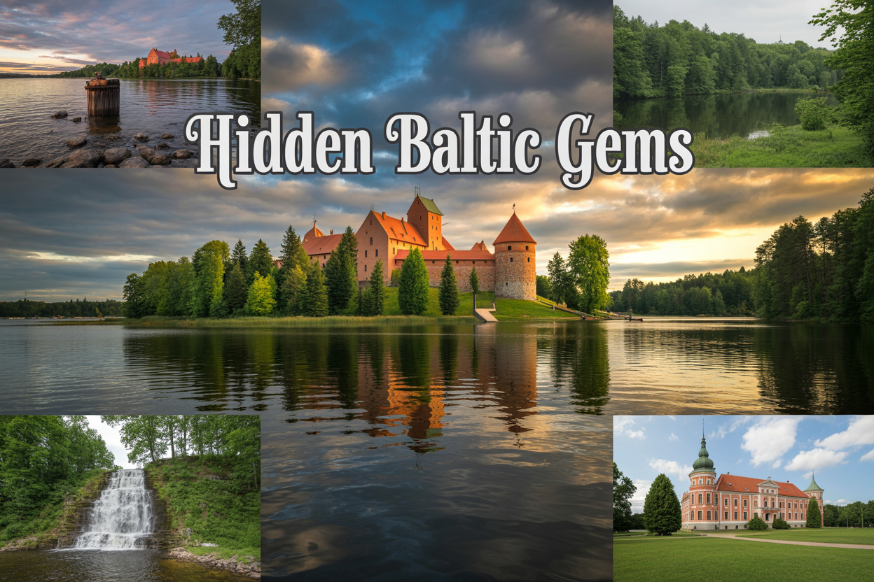 realistic image of a breathtaking collage-style featured image showcasing the Baltic region's hidden gems, with a dominant foreground scene of Trakai Island Castle in Lithuania reflected beautifully on calm water surrounded by lush green trees, complemented by smaller inset glimpses of a wide waterfall, dense unspoiled forests, and a grand baroque palace in the countryside, the overall mood being mysterious, adventurous, and inviting with warm golden-hour lighting casting a magical glow across the scenes, and a bold overlaid text element reading "Hidden Baltic Gems" in elegant white typography positioned at the center-top of the image.