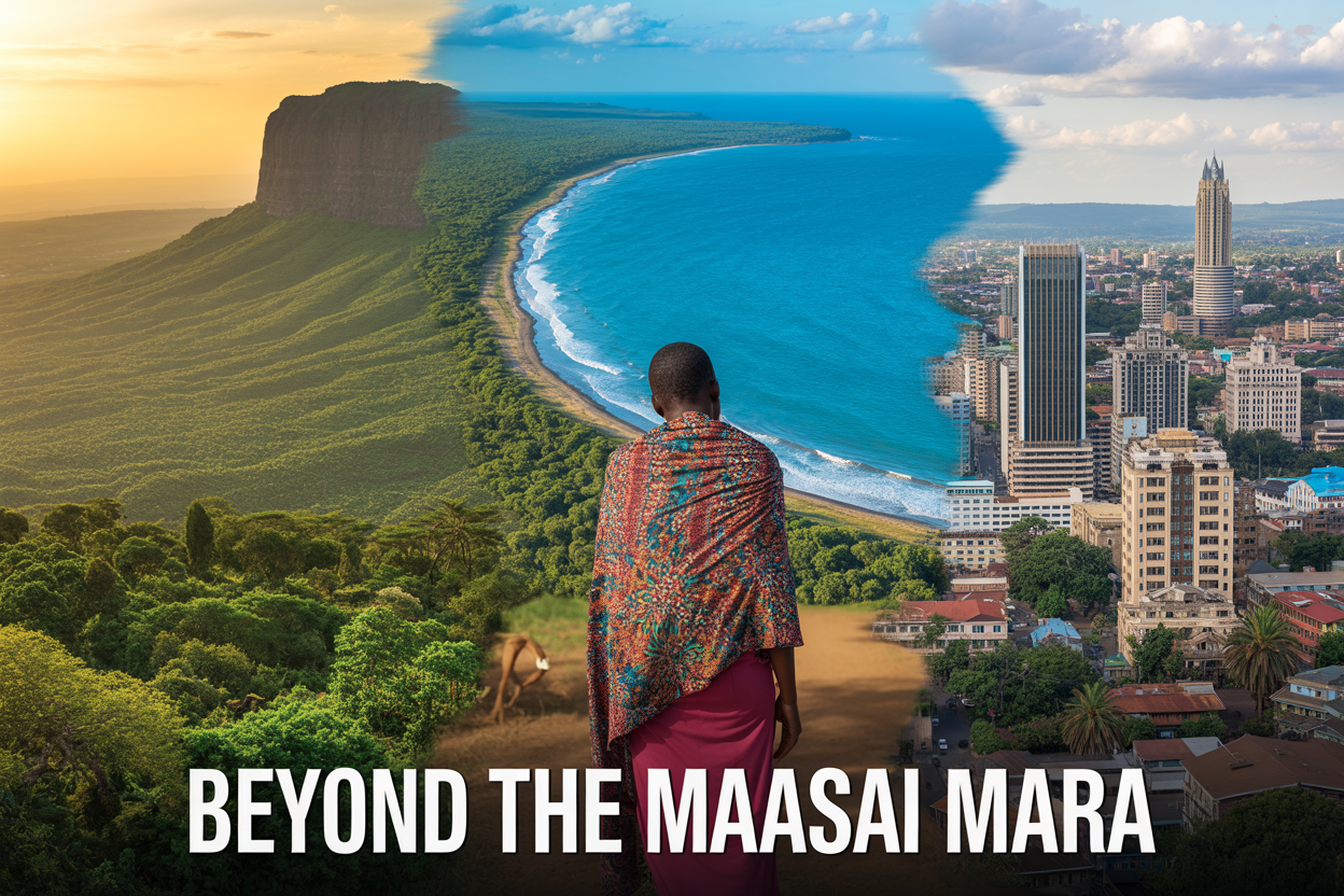 realistic image of a vibrant collage-style composition showcasing Kenya's diversity, featuring a stunning split-scene layout with a lush green montane forest on the left side, a turquoise Indian Ocean coastline in the center background, and a bustling modern Nairobi skyline on the right, with a small foreground element showing a colorful traditional fabric display representing Kenya's multicultural heritage, warm golden natural lighting illuminating the entire scene, rich and vivid colors conveying a sense of wonder and discovery, and bold white text overlay reading "Beyond the Maasai Mara" positioned at the bottom center of the image.